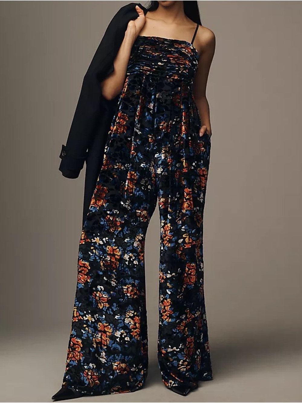 Anthropologie Floral Velvet Wide-Leg Jumpsuit
